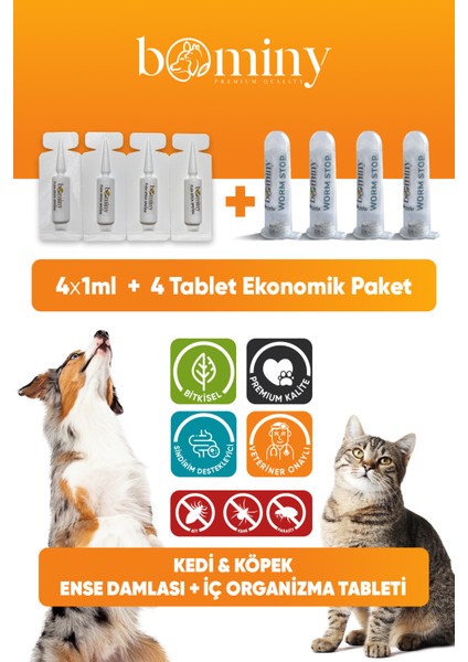 Kedi Köpek Iç Dış Koruyucu 4 Adet 1 ml Dış Koruyucu Damla 4 Adet Iç Koruyucu Tablet