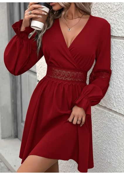 Kadın Uzun Kollu Kruvaze Yakalı Dantelli Fermuar Detaylı Mini Ithal Krep Elbise
