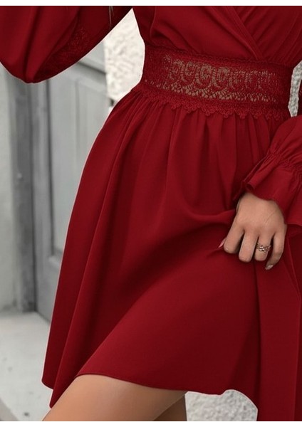 Kadın Uzun Kollu Kruvaze Yakalı Dantelli Fermuar Detaylı Mini Ithal Krep Elbise modelleri