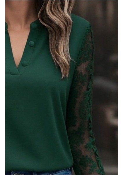 Miracotton Kadın Uzun Kollu Yaka Düğme Detay Güpürlü Kol Krep Bluz fiyatları