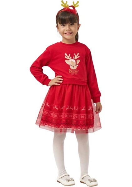 Yılbaşı Temalı Geyik Desenli Taç Hediyeli Kırmızı Renk Tütülü Şardonlu Kız Çocuk Elbise