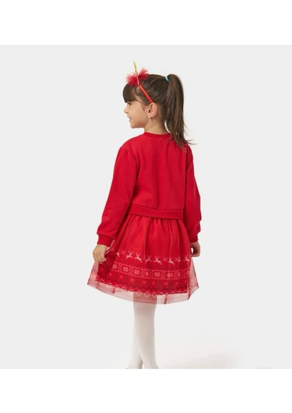 Yılbaşı Temalı Geyik Desenli Taç Hediyeli Kırmızı Renk Tütülü Şardonlu Kız Çocuk Elbise modelleri
