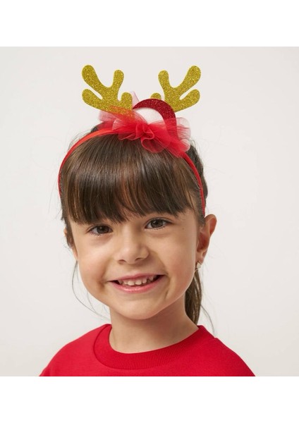 Yılbaşı Temalı Geyik Desenli Taç Hediyeli Kırmızı Renk Tütülü Şardonlu Kız Çocuk Elbise