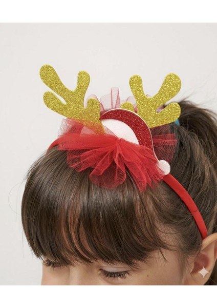 Yılbaşı Temalı Geyik Desenli Taç Hediyeli Kırmızı Renk Tütülü Şardonlu Kız Çocuk Elbise