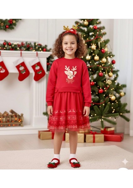 Yılbaşı Temalı Geyik Desenli Taç Hediyeli Kırmızı Renk Tütülü Şardonlu Kız Çocuk Elbise