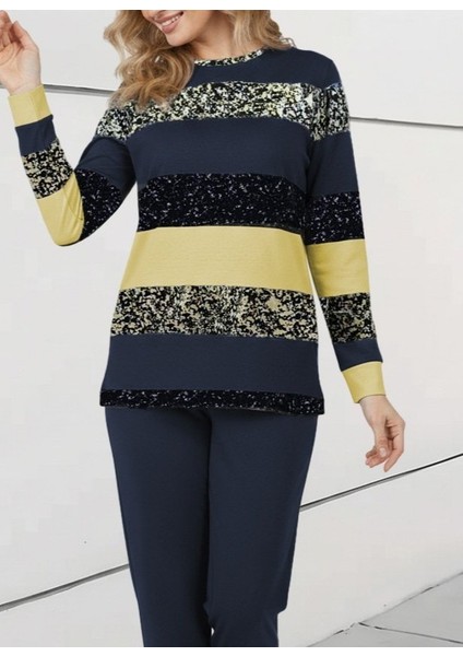 Kadın Uzun Kollu Bisiklet Yaka Çizgili Desen Iki Iplik Bluz ve Pantolon Ikili Takım fiyatları