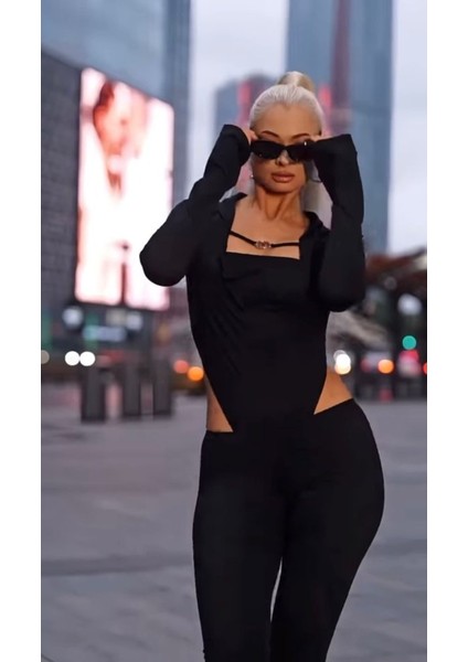 Kadın Uzun Kollu Kare Yaka Toka ve Bel Dekoltesi Detaylı Tulum Tulum modelleri