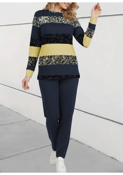 Kadın Uzun Kollu Bisiklet Yaka Çizgili Desen Iki Iplik Bluz ve Pantolon Ikili Takım fırsatları