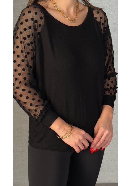 Kadın Yarasa Kol Puantiyeli Tül Detay Bluz fırsatları