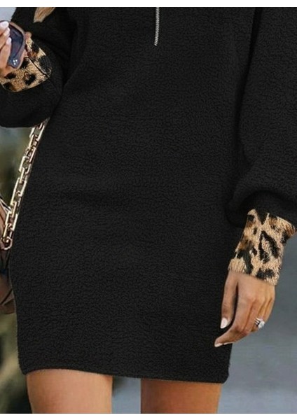 Kadın Uzun Kollu Yakalı Önden Fermuarlı Leopar Detaylı Mini Peluş Elbise modelleri
