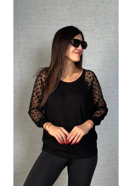Kadın Yarasa Kol Puantiyeli Tül Detay Bluz indirimleri