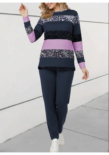 Kadın Uzun Kollu Bisiklet Yaka Çizgili Desen Iki Iplik Bluz ve Pantolon Ikili Takım