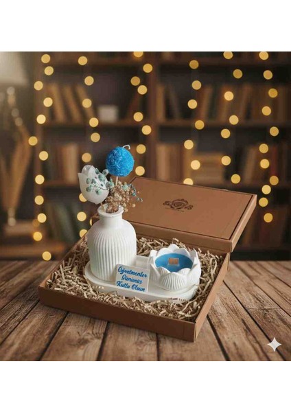 Öğretmene Hediye Şık Masaüstü Dekoratif Set (Vazo & Kokulu Mum)
