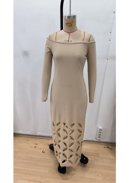 Kadın Madonna Yaka Uzun Kollu Lazer Çiçek Kesim Detaylı Uzun Ithal Krep Elbise fırsatları