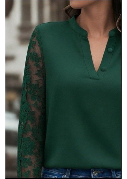 Aknbutik Kadın Uzun Kollu Yaka Düğme Detay Güpürlü Kol Krep Bluz modelleri