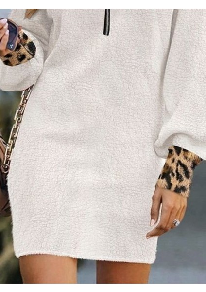 Kadın Uzun Kollu Yakalı Önden Fermuarlı Leopar Detaylı Mini Peluş Elbise modelleri