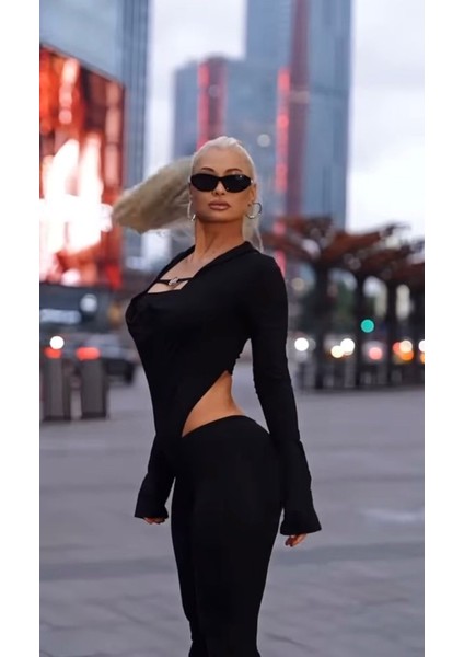 Kadın Uzun Kollu Kare Yaka Toka ve Bel Dekoltesi Detaylı Tulum Tulum