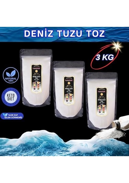 Hanzade Bitkisel Saf Deniz Tuzu Toz Öğütülmüş Iyot Ilsiz 1 kg x 3 Adet