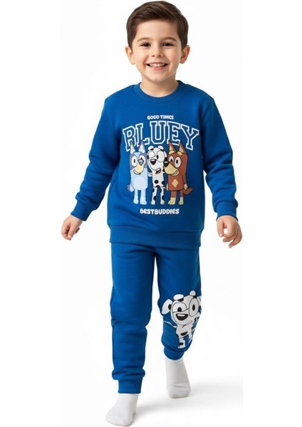 Bluey Baskılı Beli Lastikli Pamuklu Kumaş Şardonlu Mavi Renk Erkek Çocuk Alt Üst Takım