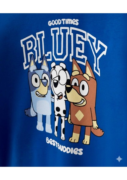 Bluey Baskılı Beli Lastikli Pamuklu Kumaş Şardonlu Mavi Renk Erkek Çocuk Alt Üst Takım