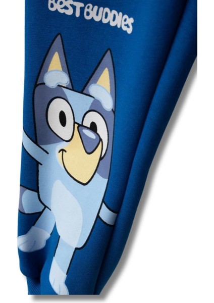 Bluey Baskılı Beli Lastikli Pamuklu Kumaş Şardonlu Mavi Renk Erkek Çocuk Alt Üst Takım