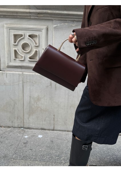 Ilot.ıstanbul | Gold Yuvarlak Metal Saplı Mini Kutu Kahverengi Abiye El ve Omuz Çantası