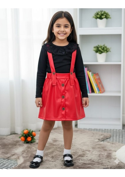Kız Çocuk Kırmızı Etek ve Siyah Body 2li Alt Üst yıl başi kirmizi elbise