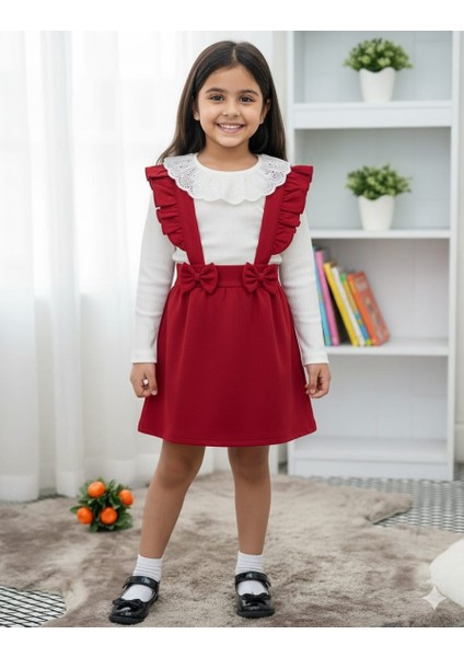 Kız Çocuk Kırmızı Etek ve Beyaz Body 2li Alt Üst Takım Yıl başi kirmizi Elbise