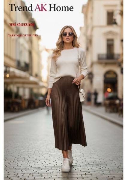 Beli Lastikli Piliseli Etek - Renk Koyu Kahve ( Standart Beden )