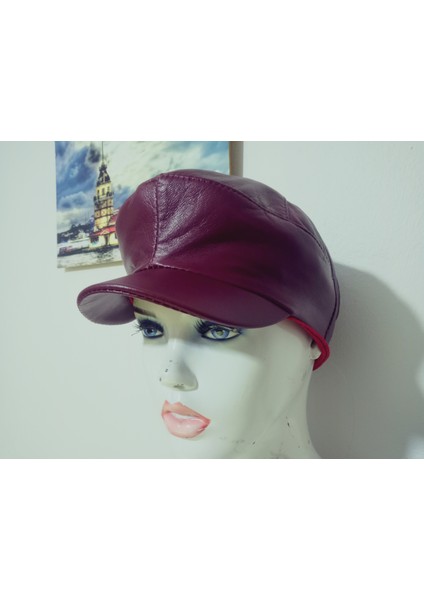 Unisex Hakiki Deri Bordo Kasket Klasik Kasket Lastikli Şapka