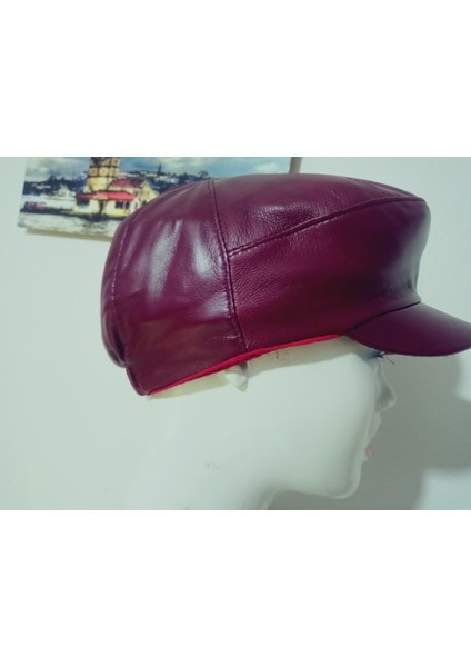 Unisex Hakiki Deri Bordo Kasket Klasik Kasket Lastikli Şapka