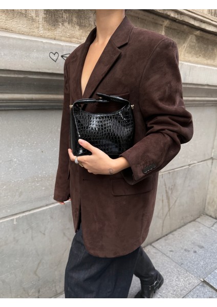Ilot.ıstanbul | Siyah Krokodil Desenli Baget Parlak Deri Görünümlü Kadın Kol Çantası
