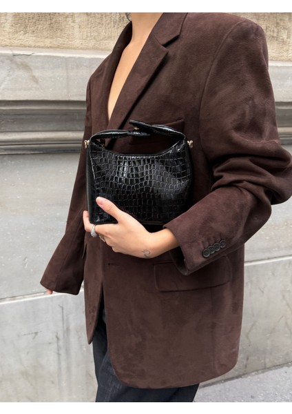 Ilot.ıstanbul | Siyah Krokodil Desenli Baget Parlak Deri Görünümlü Kadın Kol Çantası fırsatları