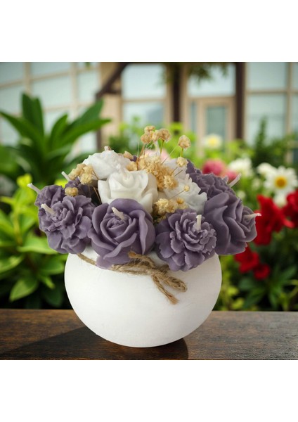 Mor & Beyaz Çiçekli Kokulu Vazo Mum – %100 Soya Wax – El Yapımı Dekoratif Mum
