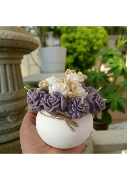 Mor & Beyaz Çiçekli Kokulu Vazo Mum – %100 Soya Wax – El Yapımı Dekoratif Mum fiyatları