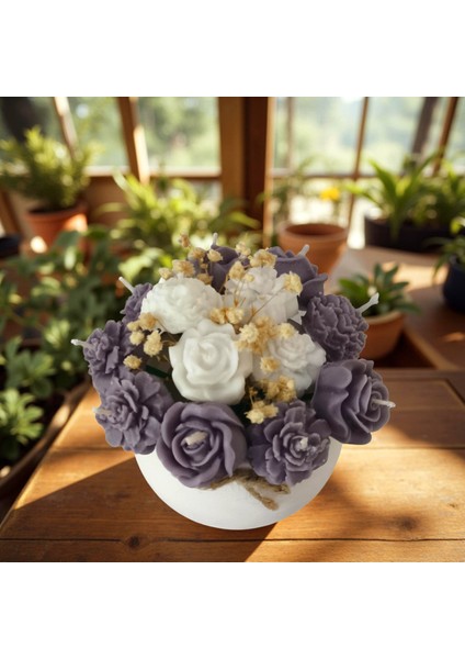 Mor & Beyaz Çiçekli Kokulu Vazo Mum – %100 Soya Wax – El Yapımı Dekoratif Mum fırsatları