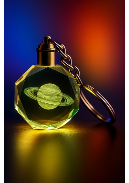 Satürn Gezegen Tasarım Işıklı Kristal Anahtarlık