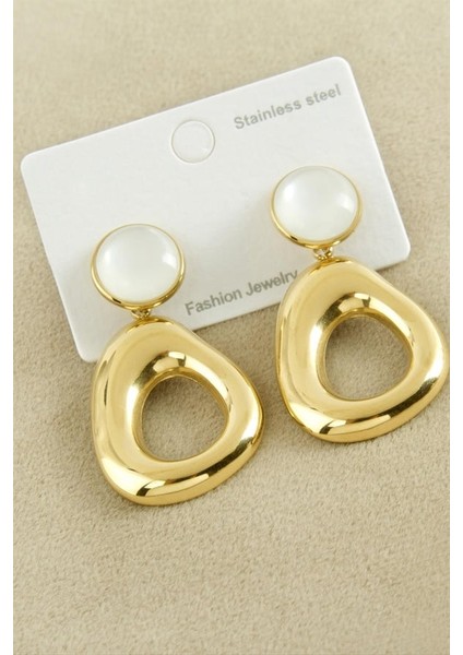 Oval Cam Taşlı Lüks Çelik Küpe