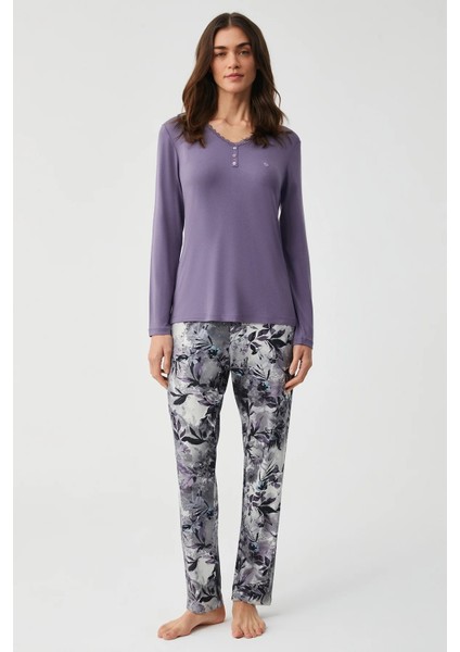 Yumuşak Dokulu V Yaka Uzun Kol Kadın Pijama Takım 9905