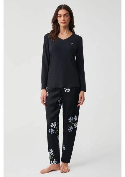 V Yaka Altı Saten Uzun Kol Kadın Pijama Takım 9915