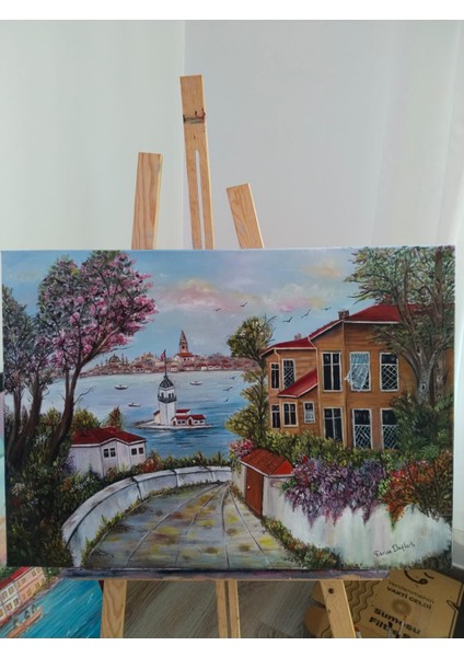 Istanbul Manzaralı El Yapımı Yağlı Boya Tablo – Kız Kulesi ve Sahil Evleri,