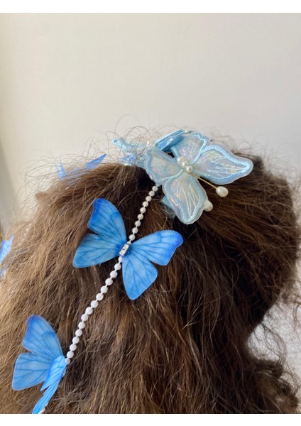 Kız Çocuk Zirkon Taşlı Incili Nakış Işlemeli Sallantılı Kelebek Model Karışık Renkli Pensli Yan Toka