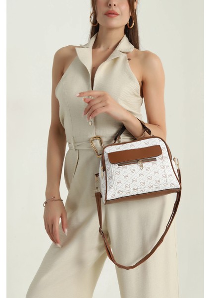 Beyaz Fermuarlı Desenli Kadın El Kol ve Omuz Çantası