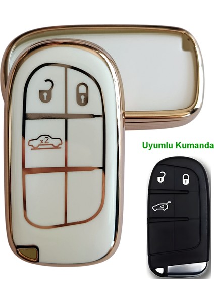 Egea Cross 500 Jeep Dodge Chrysler Uyumlu Smart Kumanda Anahtar Kılıfı Oto Anahtarlık Beyaz Gold