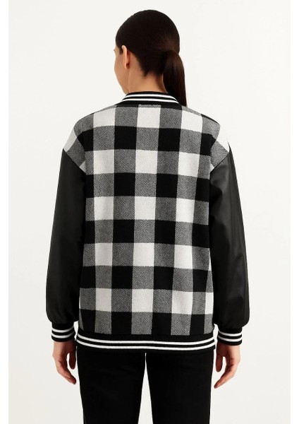 Kadın Kolej Ceket – Kareli Oduncu Kumaş, Kolları Suni Deri, Fermuarlı, Içi Kapitone Astarlı, Nakışlı Oversize Bahar & Kış Stil - Gri fiyatları