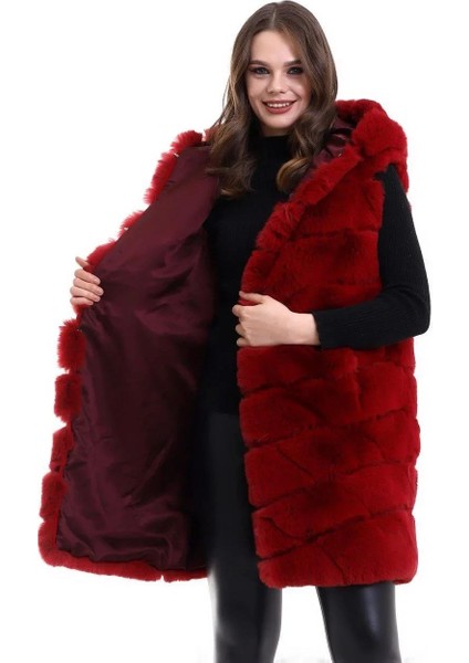 Kadın Kapşonlu Peluş Kürk Yelek Premium Kalite, Tam Astarlı, Uzun Model - Kırmızı