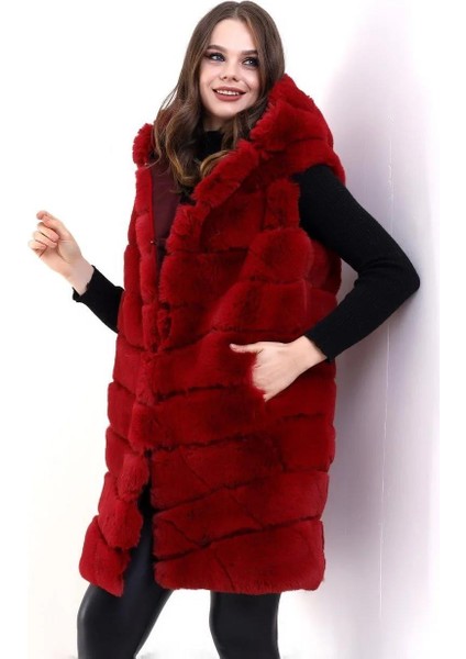 Kadın Kapşonlu Peluş Kürk Yelek Premium Kalite, Tam Astarlı, Uzun Model - Kırmızı