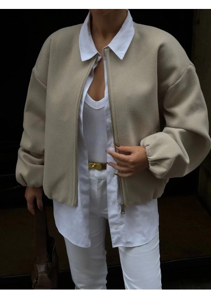 Kaşe Kaşmir Fermuarlı Ceket - Bej