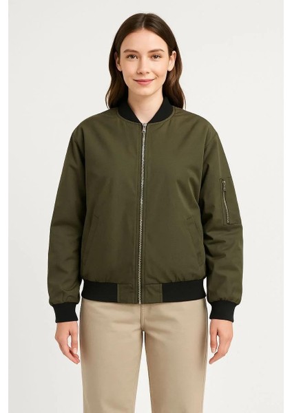 Kadın Bomber Mont Ceket – Fermuarlı, Kapitone Içi Astarlı, Su Itici Kumaş, Regular Fit, Günlük Bahar & Kış Şık Rahat Stil - Haki modelleri