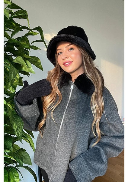 Yeni Sezon Kadın Kaşe Şık Mont Kaban Içi Astarlı Kürk Peluş Yaka Detaylı fiyatları